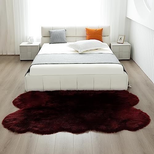 Fluffy Faux Fur Rug Burgundy Sheepskin Area Rug, 4x6 Ft Ultra Soft Shaggy Plush - Image 5