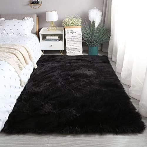 Fluffy Faux Fur Rug Black Sheepskin Area Rug, 4x6 Ft Ultra Soft Shaggy Plush Rug - Image 5