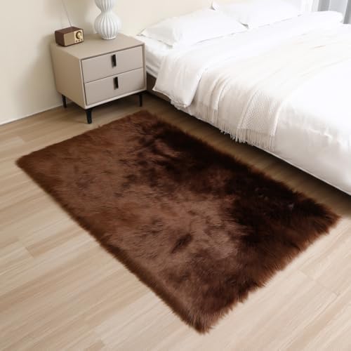 Fluffy Faux Fur Rug Coffee Sheepskin Area Rug, 3x5 Ft Ultra Soft Shaggy Plush - Image 4