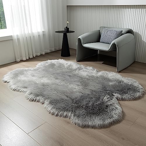 Fluffy Faux Fur Rug Grey Sheepskin Area Rug, 4x6 Ft Ultra Soft Shaggy Plush Rug - Image 4