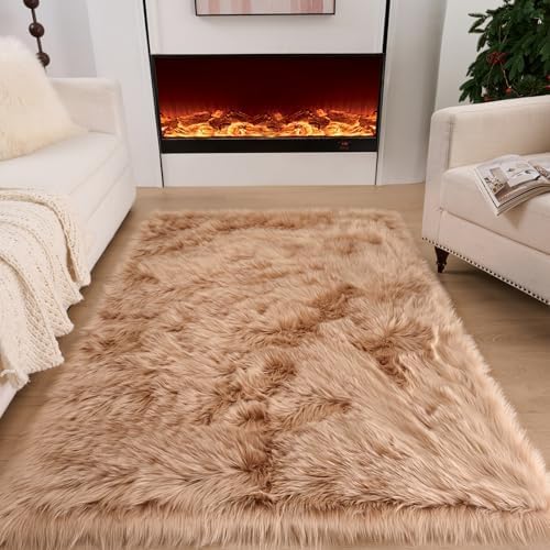 Fluffy Faux Fur Rug Brown Sheepskin Area Rug, 4x6 Ft Ultra Soft Shaggy Plush Rug - Image 3