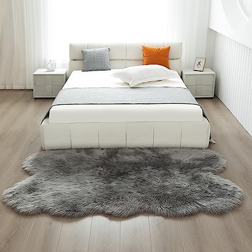 Fluffy Faux Fur Rug Grey Sheepskin Area Rug, 4x6 Ft Ultra Soft Shaggy Plush Rug - Image 5