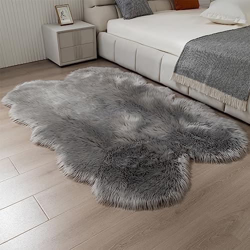 Fluffy Faux Fur Rug Grey Sheepskin Area Rug, 4x6 Ft Ultra Soft Shaggy Plush Rug - Image 6