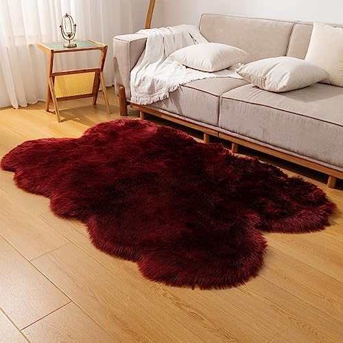 Fluffy Faux Fur Rug Burgundy Sheepskin Area Rug, 4x6 Ft Ultra Soft Shaggy Plush - Image 7