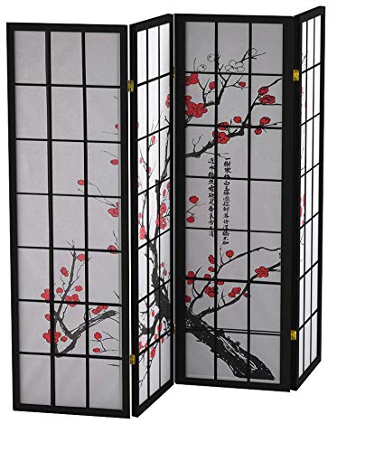 Roundhill Furniture Black Japanese 4-Panel Screen Room Divider, Plum Blossom - Image 3