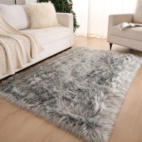 Fluffy Faux Fur Rug Gery Sheepskin Area Rug, 4x6 Ft Ultra Soft Shaggy Plush Rug - Image 3