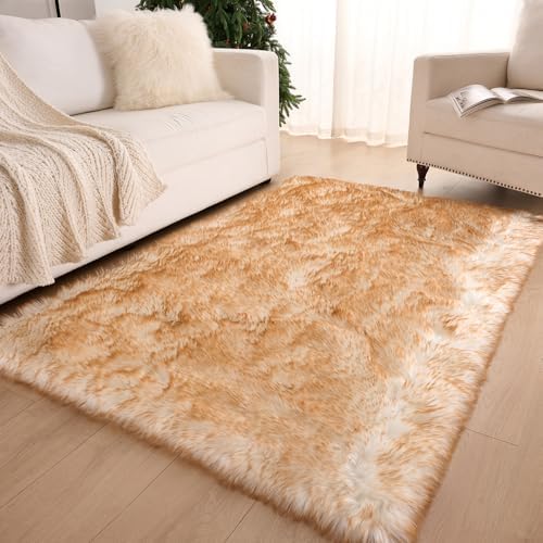 Fluffy Faux Fur Rug White Yellow Sheepskin Area Rug, 4x6 Ft Ultra Soft Shaggy - Image 4