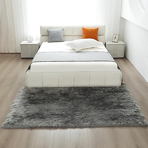 Fluffy Faux Fur Rug Grey Sheepskin Area Rug, 3x5 Ft Ultra Soft Shaggy Plush Rug - Image 4