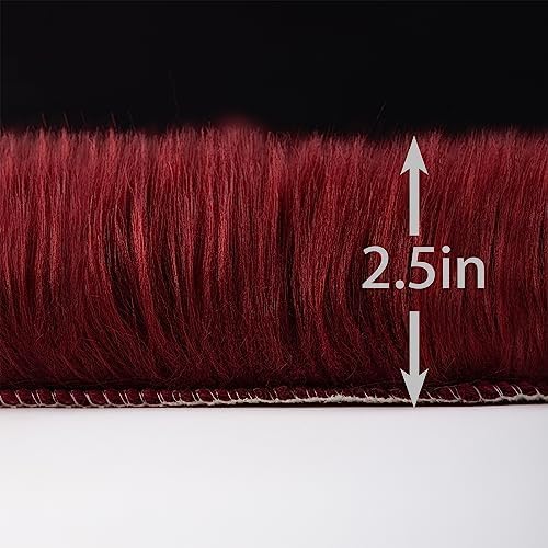 Fluffy Faux Fur Rug Burgundy Sheepskin Area Rug, 4x6 Ft Ultra Soft Shaggy Plush - Image 2