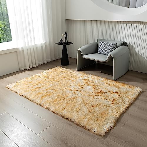 Fluffy Faux Fur Rug White Yellow Sheepskin Area Rug, 4x6 Ft Ultra Soft Shaggy - Image 6