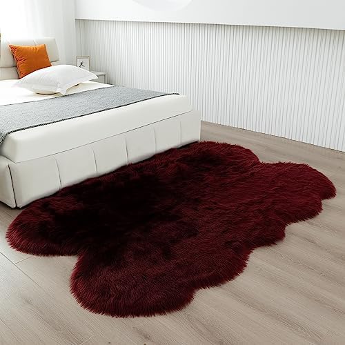 Fluffy Faux Fur Rug Burgundy Sheepskin Area Rug, 4x6 Ft Ultra Soft Shaggy Plush - Image 6