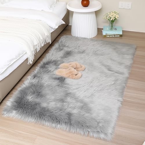 Fluffy Faux Fur Rug Gery Sheepskin Area Rug, 4x6 Ft Ultra Soft Shaggy Plush Rug - Image 6