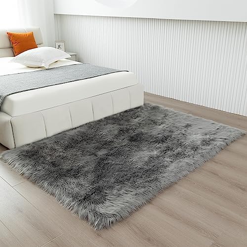 Fluffy Faux Fur Rug Grey Sheepskin Area Rug, 3x5 Ft Ultra Soft Shaggy Plush Rug - Image 5