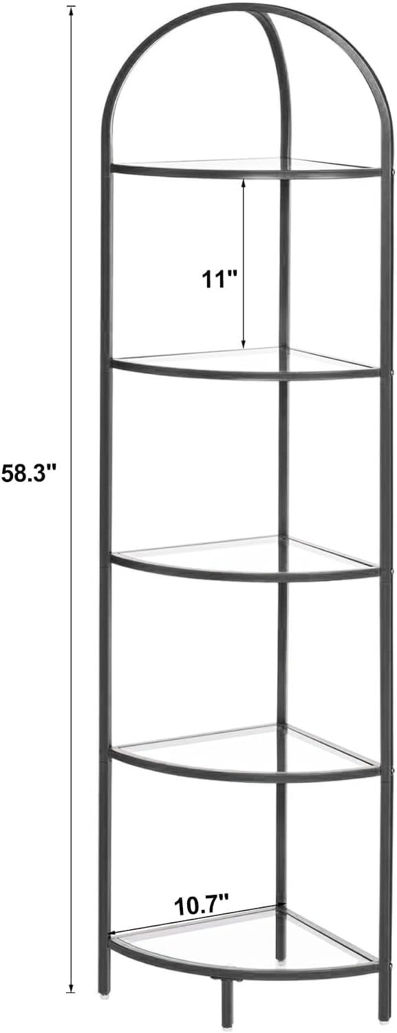 Homhedy 5-Tier Corner Shelf Stand, Metal Corner Bookshelf, Tempered Glass - Image 2