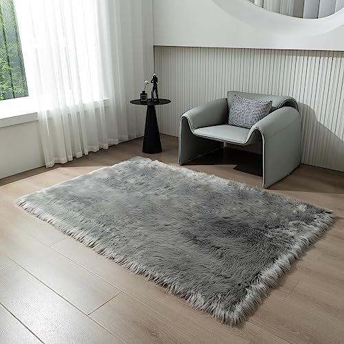 Fluffy Faux Fur Rug Grey Sheepskin Area Rug, 3x5 Ft Ultra Soft Shaggy Plush Rug - Image 6
