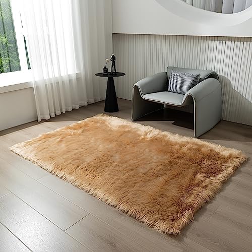 Fluffy Faux Fur Rug Brown Sheepskin Area Rug, 4x6 Ft Ultra Soft Shaggy Plush Rug - Image 5