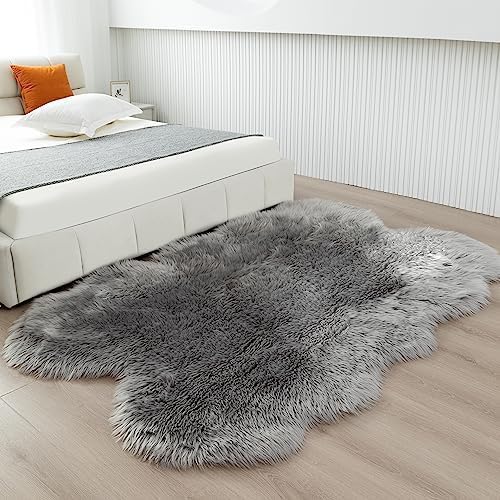 Fluffy Faux Fur Rug Grey Sheepskin Area Rug, 4x6 Ft Ultra Soft Shaggy Plush Rug - Image 3