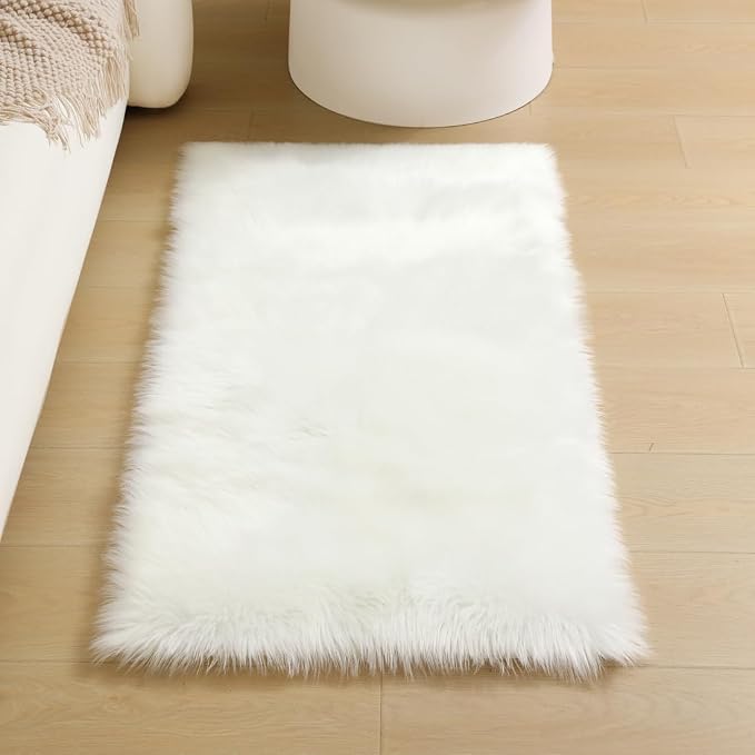 Fluffy Faux Fur Rug White Sheepskin Area Rug, 3x5 Ft Ultra Soft Shaggy Plush Rug - Image 4