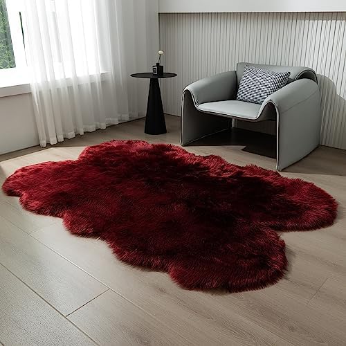 Fluffy Faux Fur Rug Burgundy Sheepskin Area Rug, 4x6 Ft Ultra Soft Shaggy Plush - Image 4
