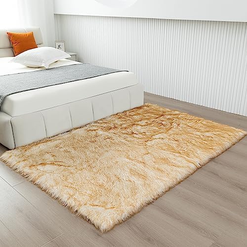 Fluffy Faux Fur Rug White Yellow Sheepskin Area Rug, 4x6 Ft Ultra Soft Shaggy - Image 7
