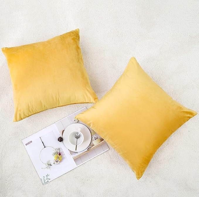 NiNi ALL Decorative Throw Pillow Covers Velvet 16x16 Inch Pack of 2 Yellow - Image 2