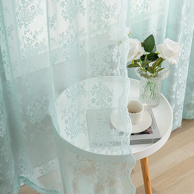 YJ YANJUN Vintage Lace Curtains 63 Inch Length-Victorian Floral Aqua Sheer - Image 4
