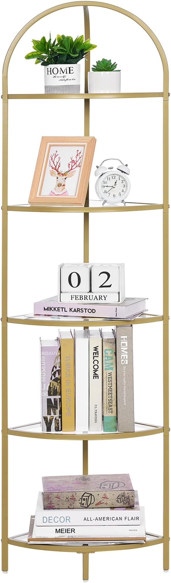 Homhedy 5-Tier Corner Shelf Stand, Metal Corner Bookshelf, Tempered Glass - Image 9