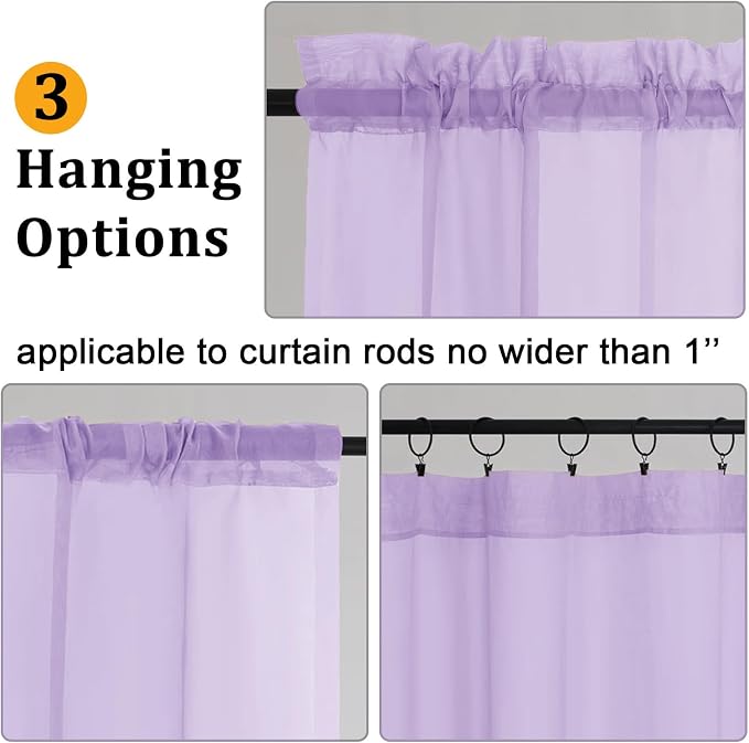 Gwine Lilac Sheer Curtain Tiers 24 Inch Length, Light Filtering Voile Short - Image 5