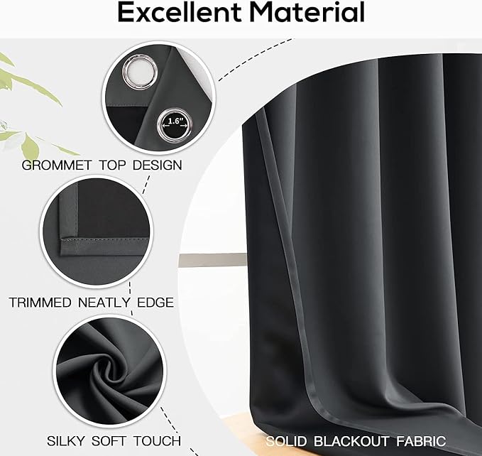 Yakamok Grey Blackout Curtains 54 inch Length 2 Panels Set, 100% Blackout - Image 4