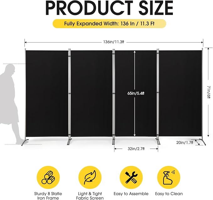 RANTILA 4 Panel Room Divider, 6 Ft Tall Folding Privacy Screen Room Dividers - Image 2
