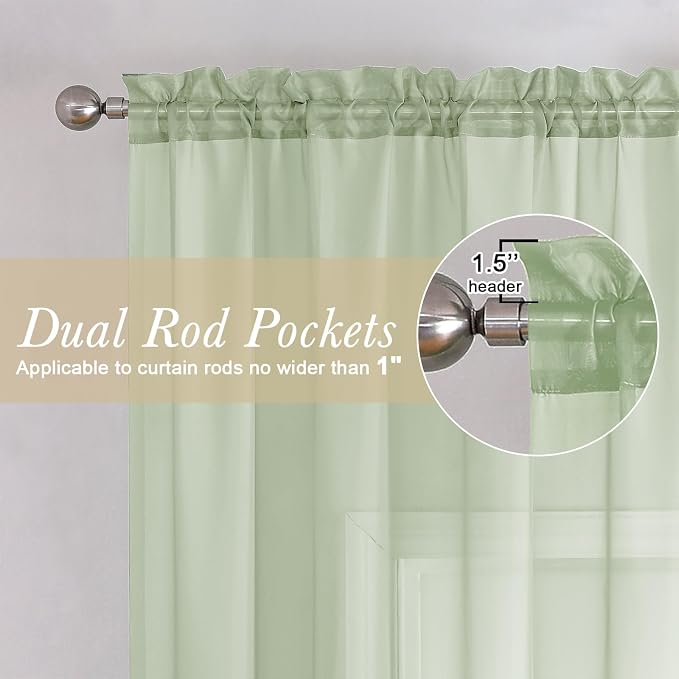 Lecloud Light Green Sheer Curtains 63 Inch Length 2 Panels Set, Elegant Voile - Image 2