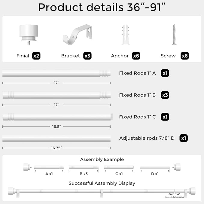 Modern White Curtain Rods for Windows 48 to 84 Inch, Decorative Drapery Rods - Image 5