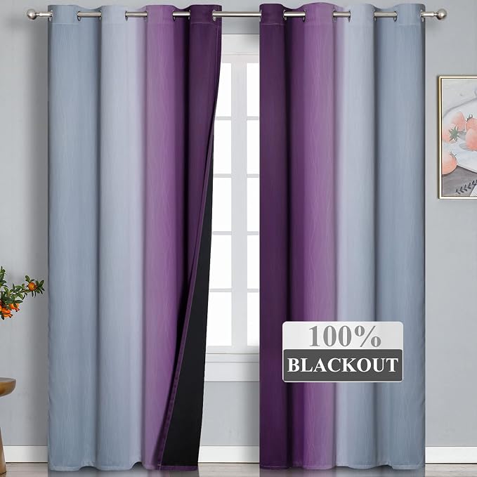 Ombre Purple and Gray Curtains 96 Inches Long, Total Blackout Curtains - Image 2