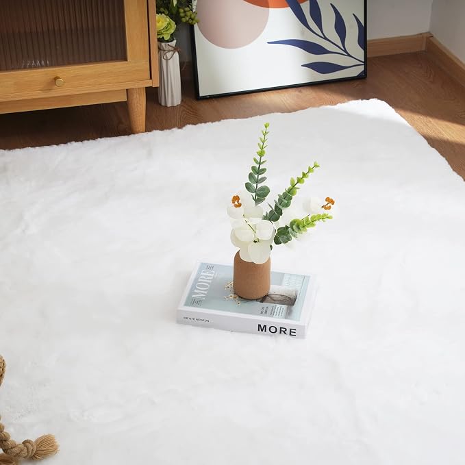 Latepis White Fluffy Faux Fur Rug 6x9 Machine Washable Area Rugs Faux Rabbit - Image 6