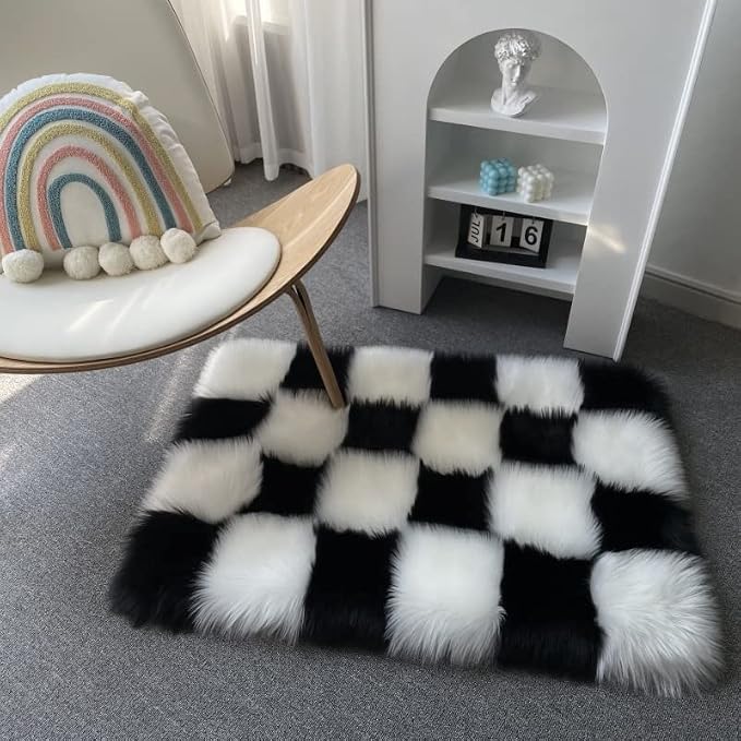 Fluffy Faux Fur Black and White Checkered Rug，Small Area Rug, 2x3 Ft Ultra Soft - Image 3