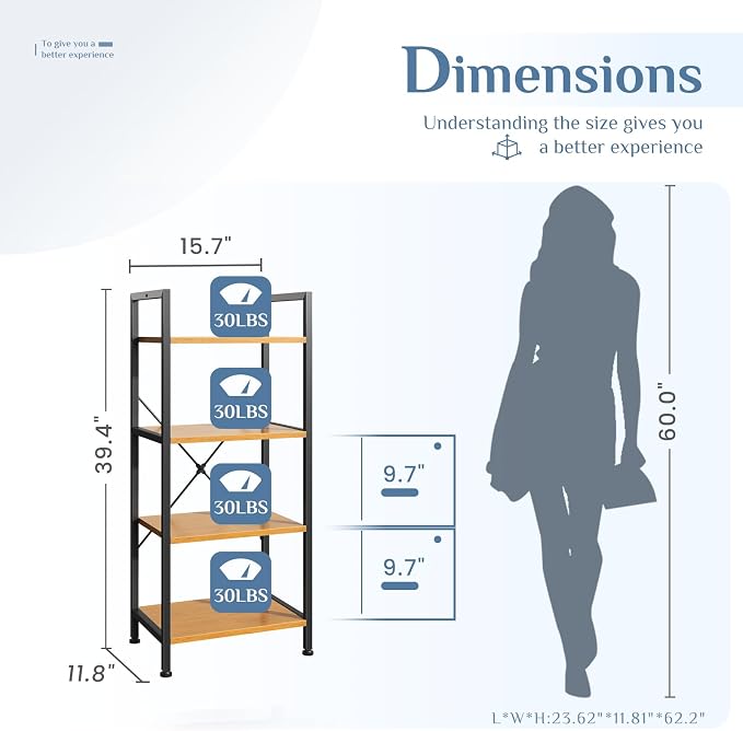 DUMOS 4 Tiers Bookshelf, Classical Book Shelf, Tall Display Shelves in Living - Image 3