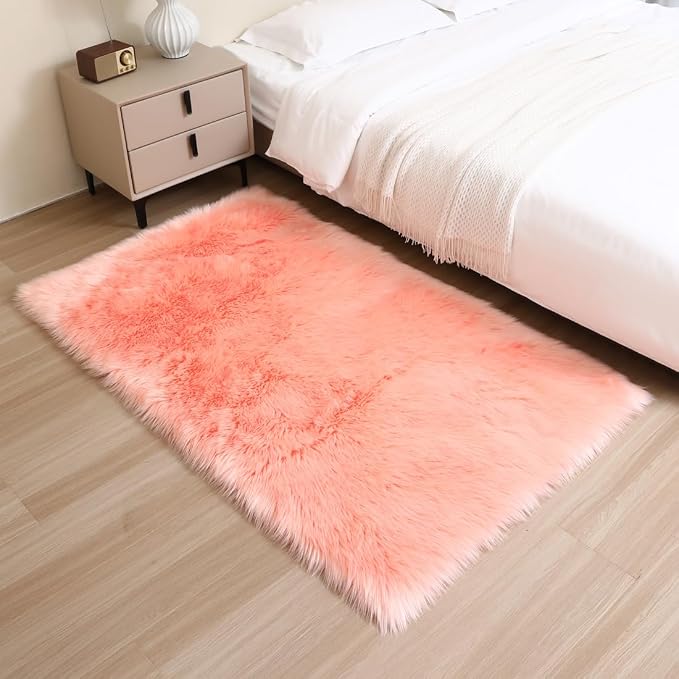 Fluffy Faux Fur Rug Pink Sheepskin Area Rug, 3x5 Ft Ultra Soft Shaggy Plush Rug - Image 2