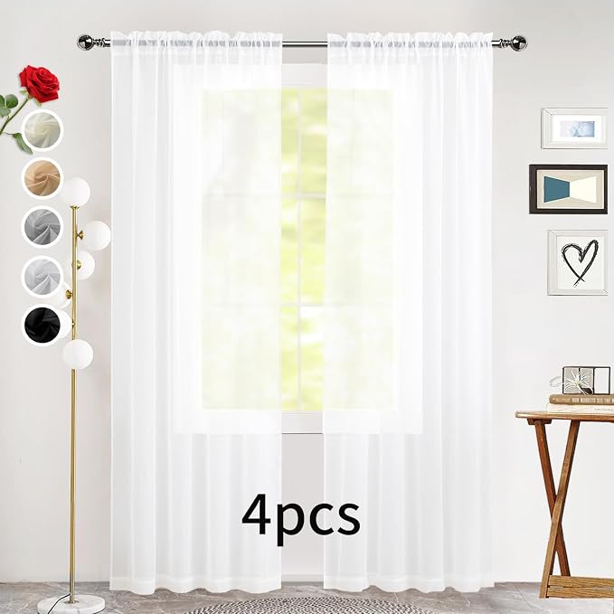 SpaceDresser Sheer White Curtains 4 Panels Rod Pocket Semi-Sheer Curtain 96 - Image 2