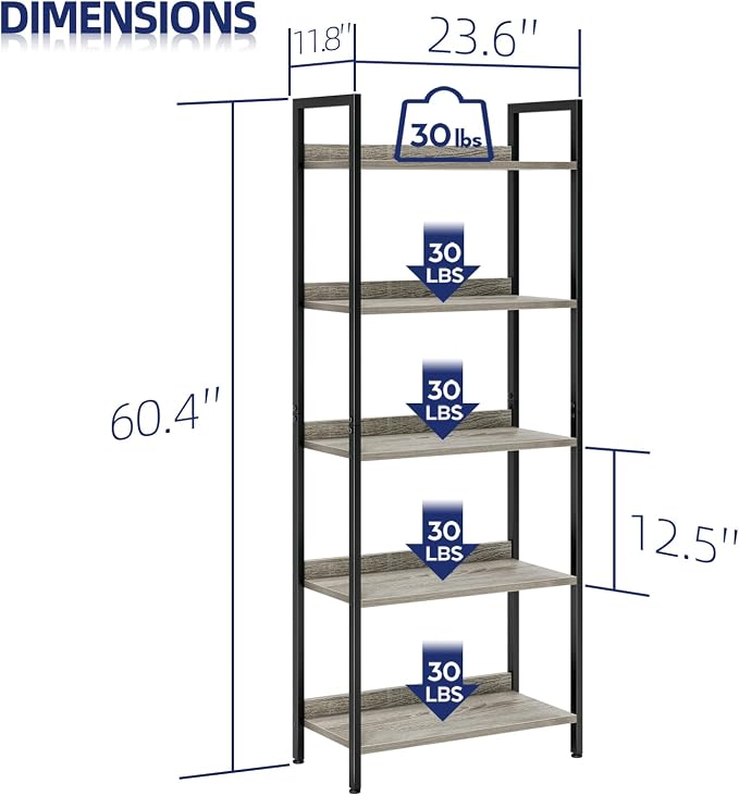 NUMENN Bookshelf, 5 Tier Bookshelves, Home Office Bookcase Shelf Storage - Image 3