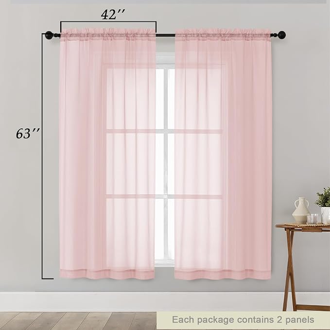 Sheer Blush Curtains for Bedroom Living Room 63 Inch Length 2 Panels, Airy Soft - Image 2