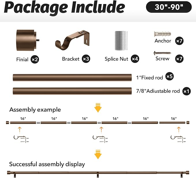 GEEBOBO Bronze Curtain Rods for Windows 48 to 84 Inch, 1 Inch Adjustable Heavy - Image 6