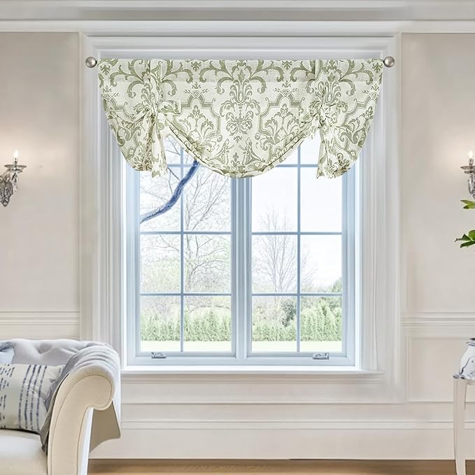 jinchan Linen Tie Up Valance for Window Flax Floral Drapes Vintage Farmhouse - Image 2