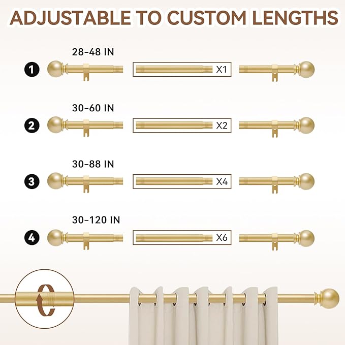 Gold Curtain Rod for Windows 30 to 60 Inch, 2 Pack 5/8 Inch Diameter Adjustable - Image 5