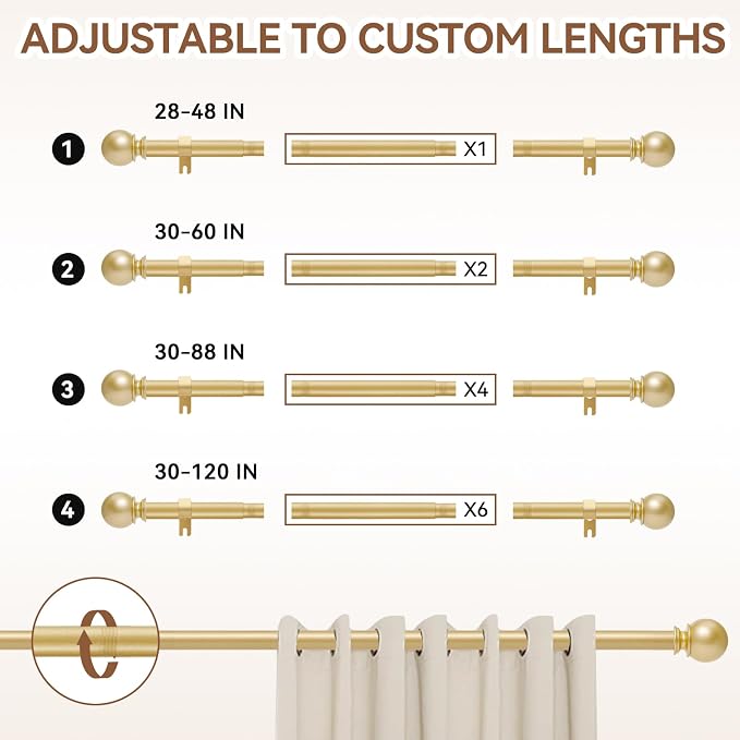 Gold Curtain Rod for Windows 48 to 84 or 88 Inch, 2 Pack 5/8 Inch Diameter - Image 5