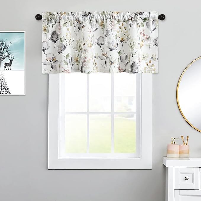Leeva Watercolor Floral Valance Curtains, Rod Pocket Short Curtain Window - Image 2