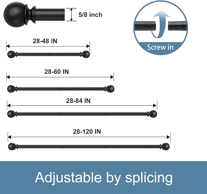 Black Curtain Rods for Windows 28 to 60 Inch, 5/8 Inch Diameter Stainless Steel - Image 5