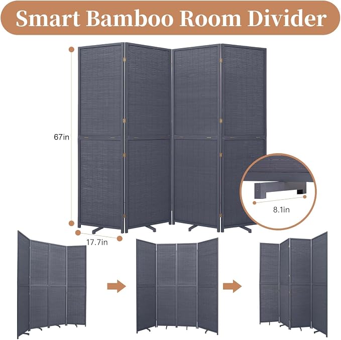 Room Divider Folding Privacy Screens, Hand-Made 67'' High Bamboo Room Dividers - Image 5