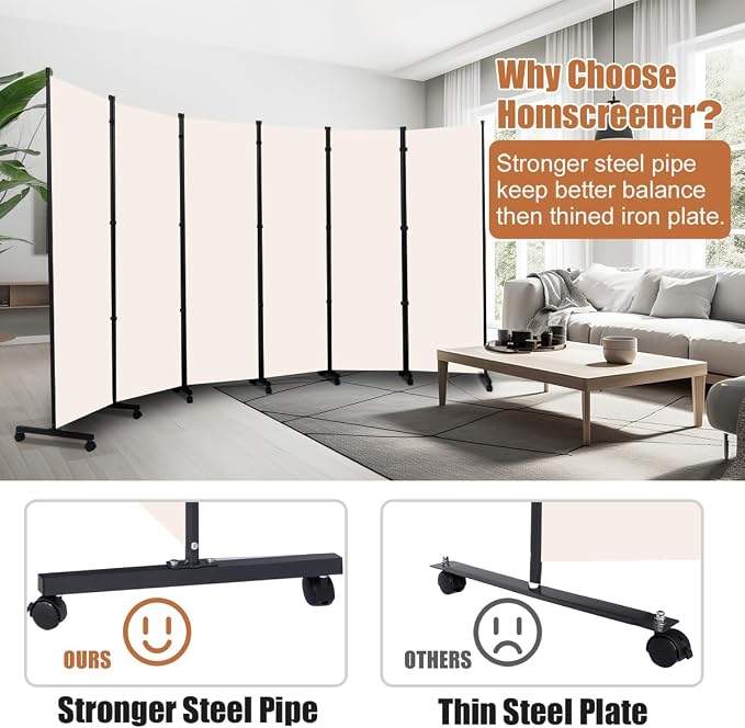 Room Divider Portable 132'' Partition Room Dividers/Wheel, 6 Panel Wall Divider - Image 2