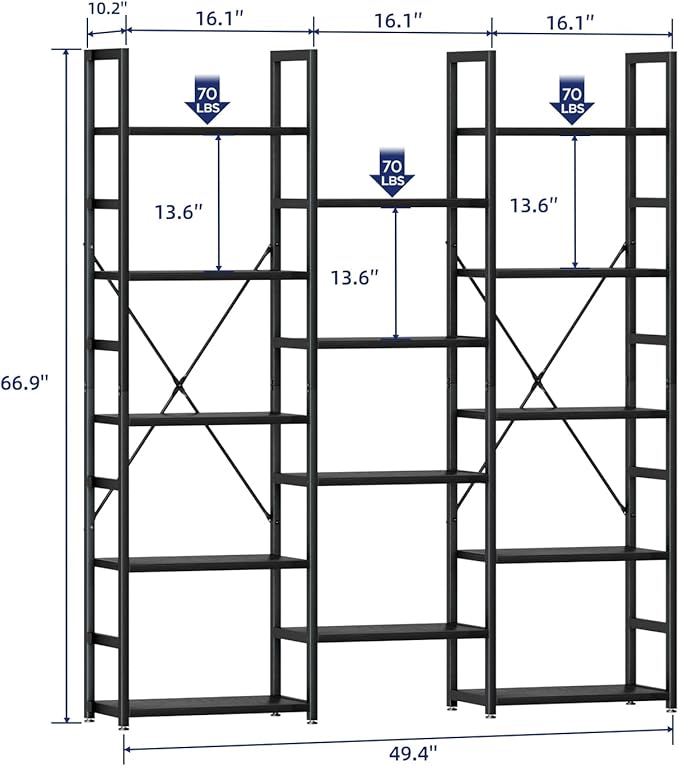 NUMENN Triple Column 5 Tier Bookshelf, Bookcase - Image 3
