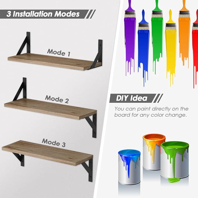 Floating Shelves with Black Metal Brackets Set of 3, Light Wood Wall Bookshelf - Image 6